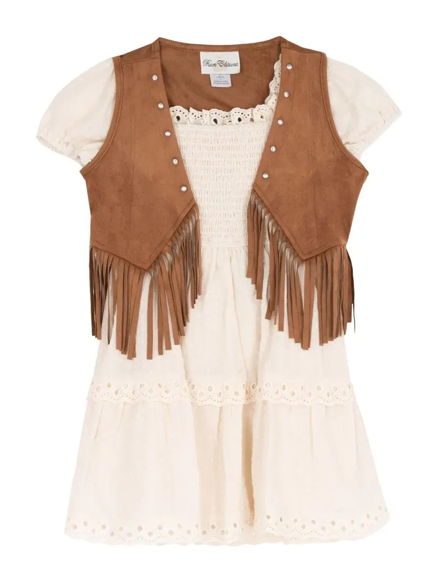 Комплект из платья и жилета с бахромой, модель Suede Fringe Vest and Clip Dot Cotton Puff Sleeve — изображение 4 из 7, белый