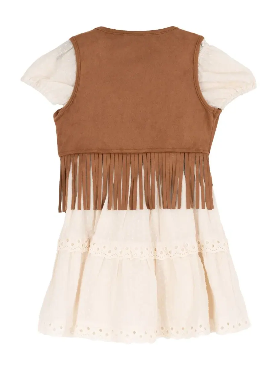 Комплект из платья и жилета с бахромой, модель Suede Fringe Vest and Clip Dot Cotton Puff Sleeve — изображение 5 из 7, белый