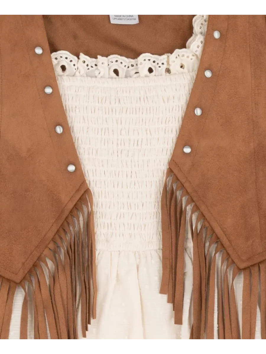 Комплект из платья и жилета с бахромой, модель Suede Fringe Vest and Clip Dot Cotton Puff Sleeve — изображение 7 из 7, белый