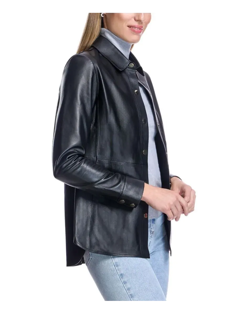 Кожаная куртка-рубашка Michelle Snap-Front Slim-Fit Julia & Stella By Maximilian — изображение 2 из 6, черный