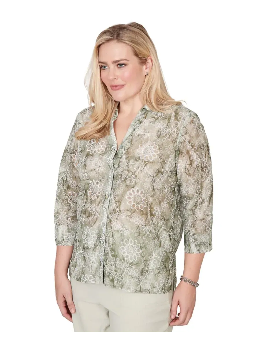 Блуза с воротником и принтом Tie Dye Monotone Floral Alfred Dunner — изображение 2 из 6, селадон