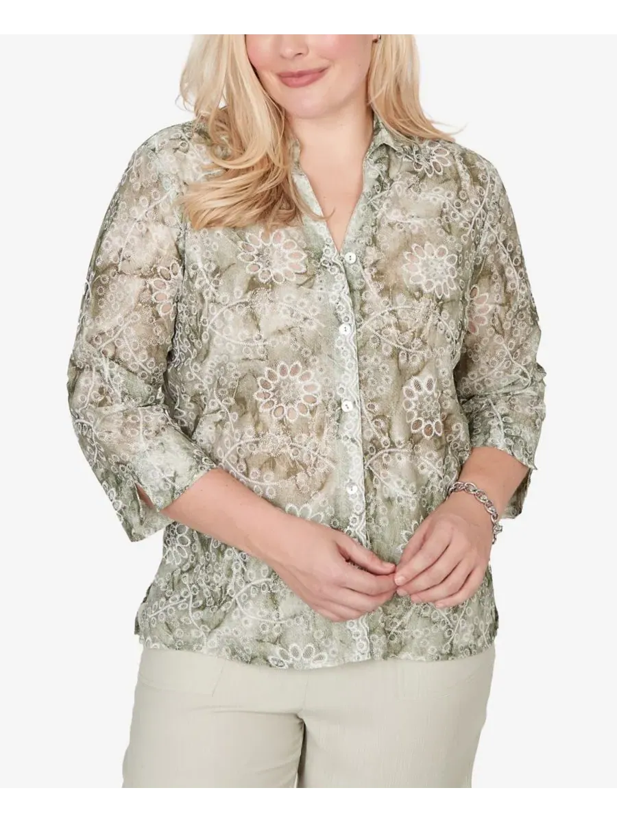 Блуза с воротником и принтом Tie Dye Monotone Floral Alfred Dunner — изображение 3 из 6, селадон