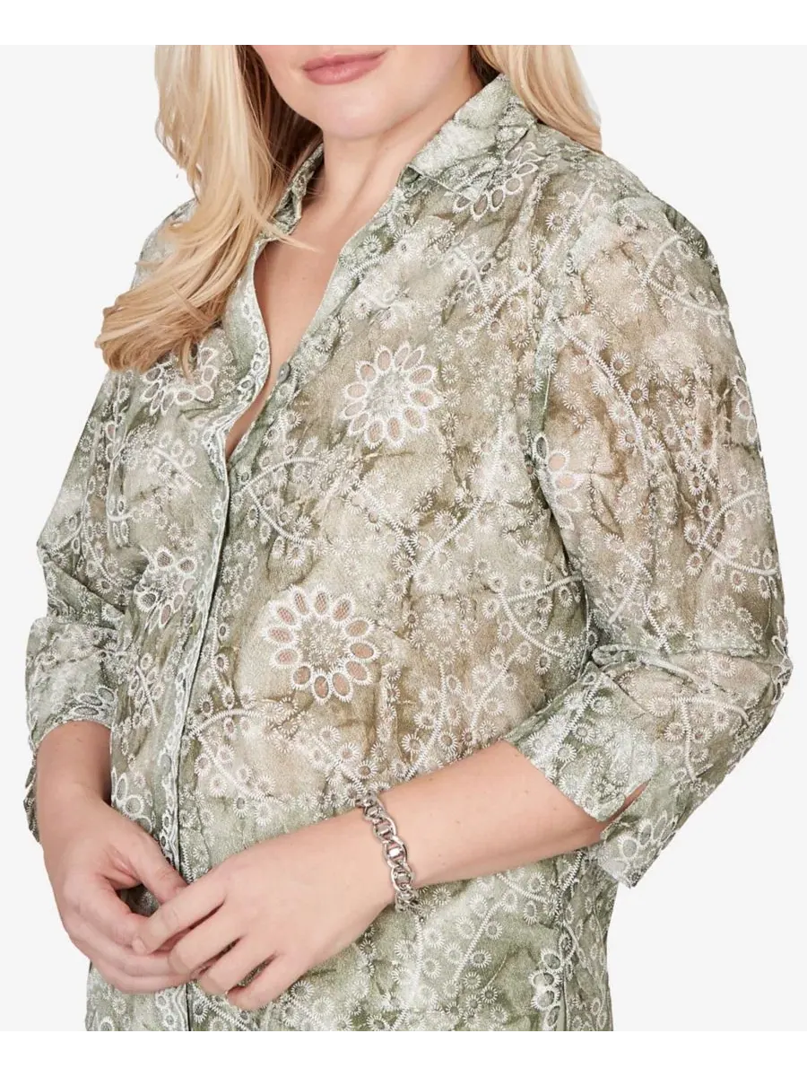 Блуза с воротником и принтом Tie Dye Monotone Floral Alfred Dunner — изображение 5 из 6, селадон