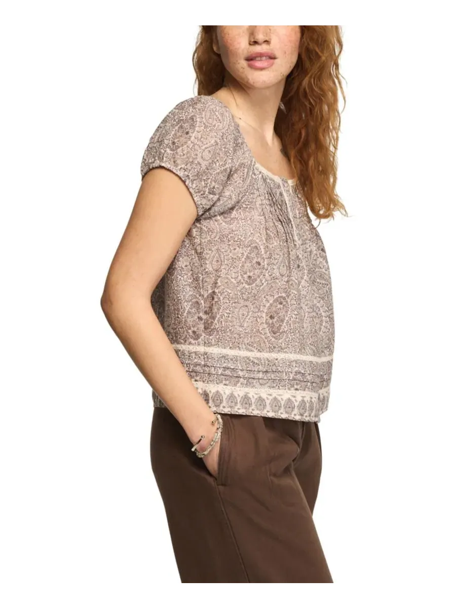 Блуза-крестьянка с кружевной отделкой, модель Cap Sleeve Lace Peasant Top Lucky Brand — изображение 3 из 7, бежевый