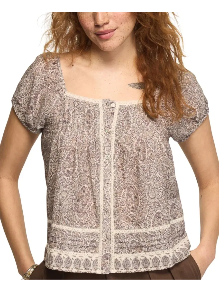 Блуза-крестьянка с кружевной отделкой, модель Cap Sleeve Lace Peasant Top Lucky Brand — изображение 4 из 7, бежевый