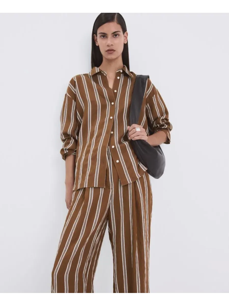 Женские плиссированные полосатые брюки Mango — изображение 3 из 6, коричневый