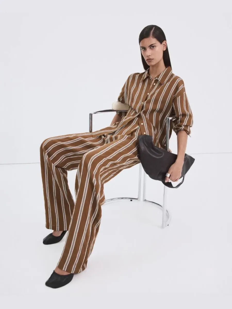 Женские плиссированные полосатые брюки Mango — изображение 4 из 6, коричневый
