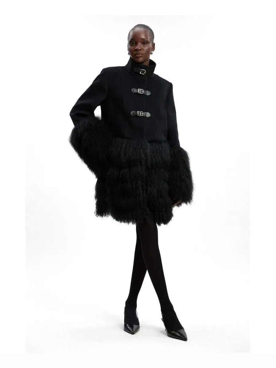 Пальто укороченное из шерстяного твида с текстурным низом Karen Millen