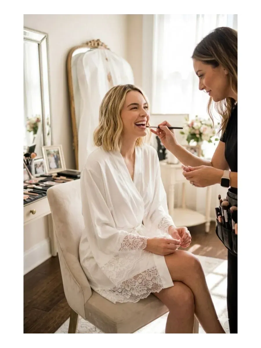 Халат женский атласный с кружевной отделкой Badgley Mischka — изображение 6 из 6, бежевый