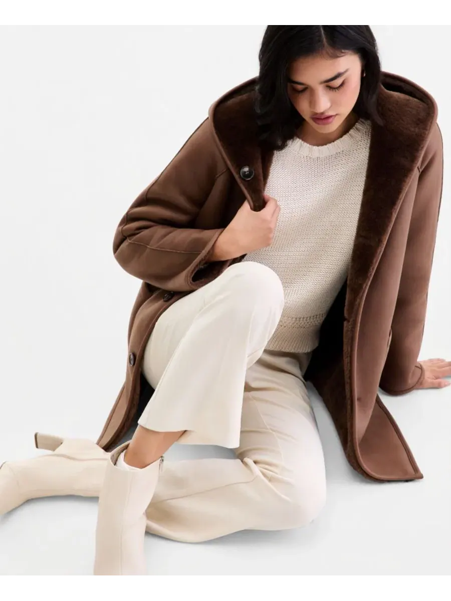 Женское пальто с капюшоном двустороннее Teddy Calvin Klein — изображение 2 из 5, коричневый