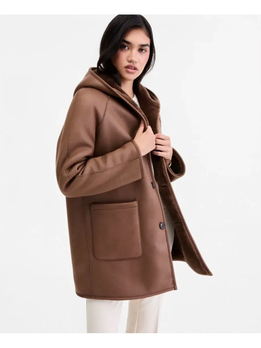 Женское пальто с капюшоном двустороннее Teddy Calvin Klein — изображение 4 из 5, коричневый