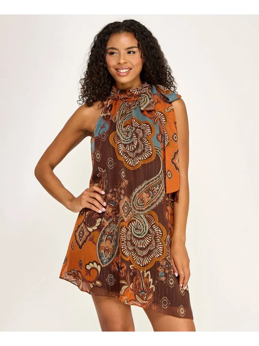 Платье короткое с принтом пейсли, модель Mock Neck Paisley Print Short Dress SENI & CADE