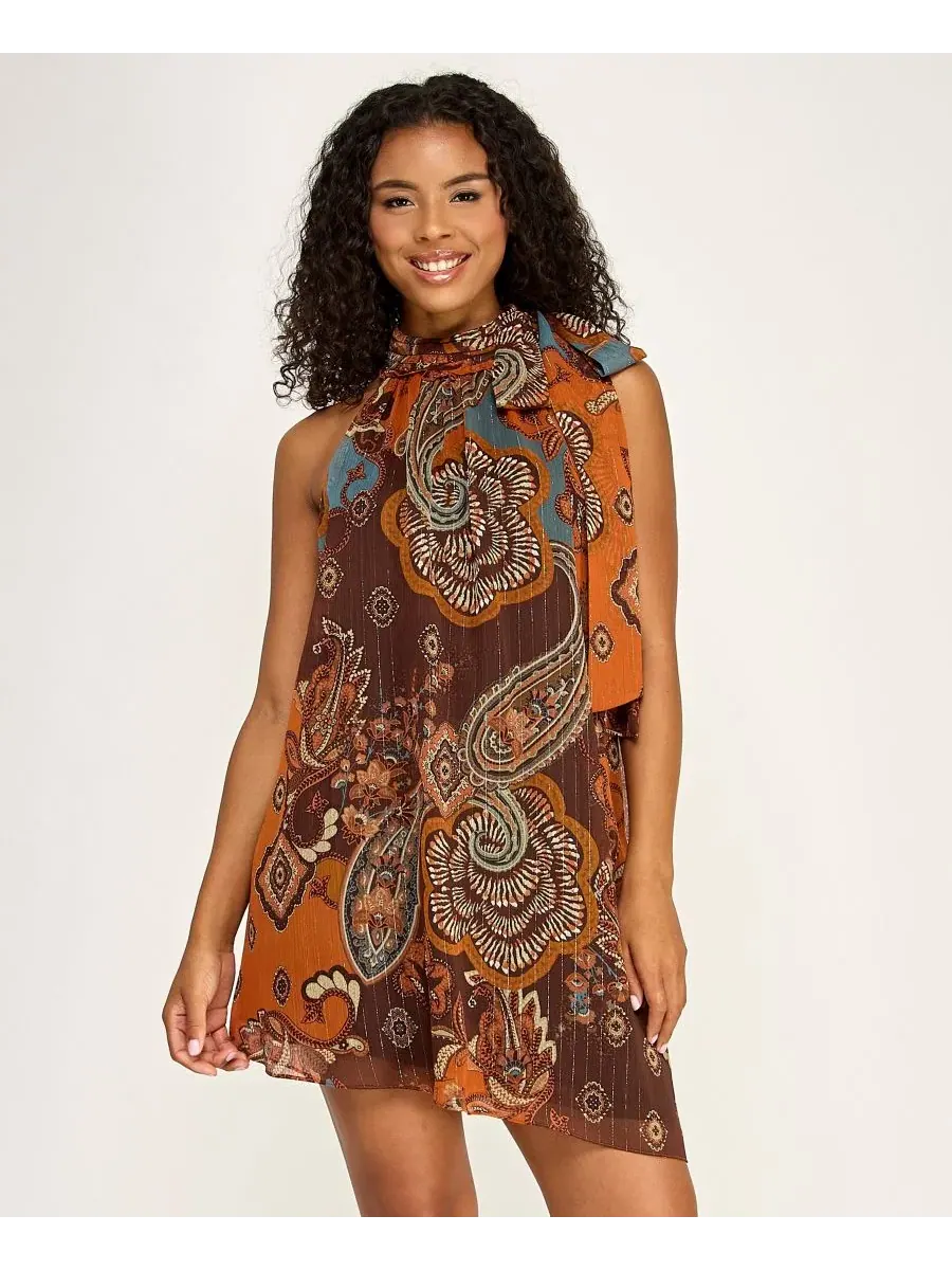 Платье короткое с принтом пейсли, модель Mock Neck Paisley Print Short Dress SENI & CADE — изображение 2 из 6, мульти