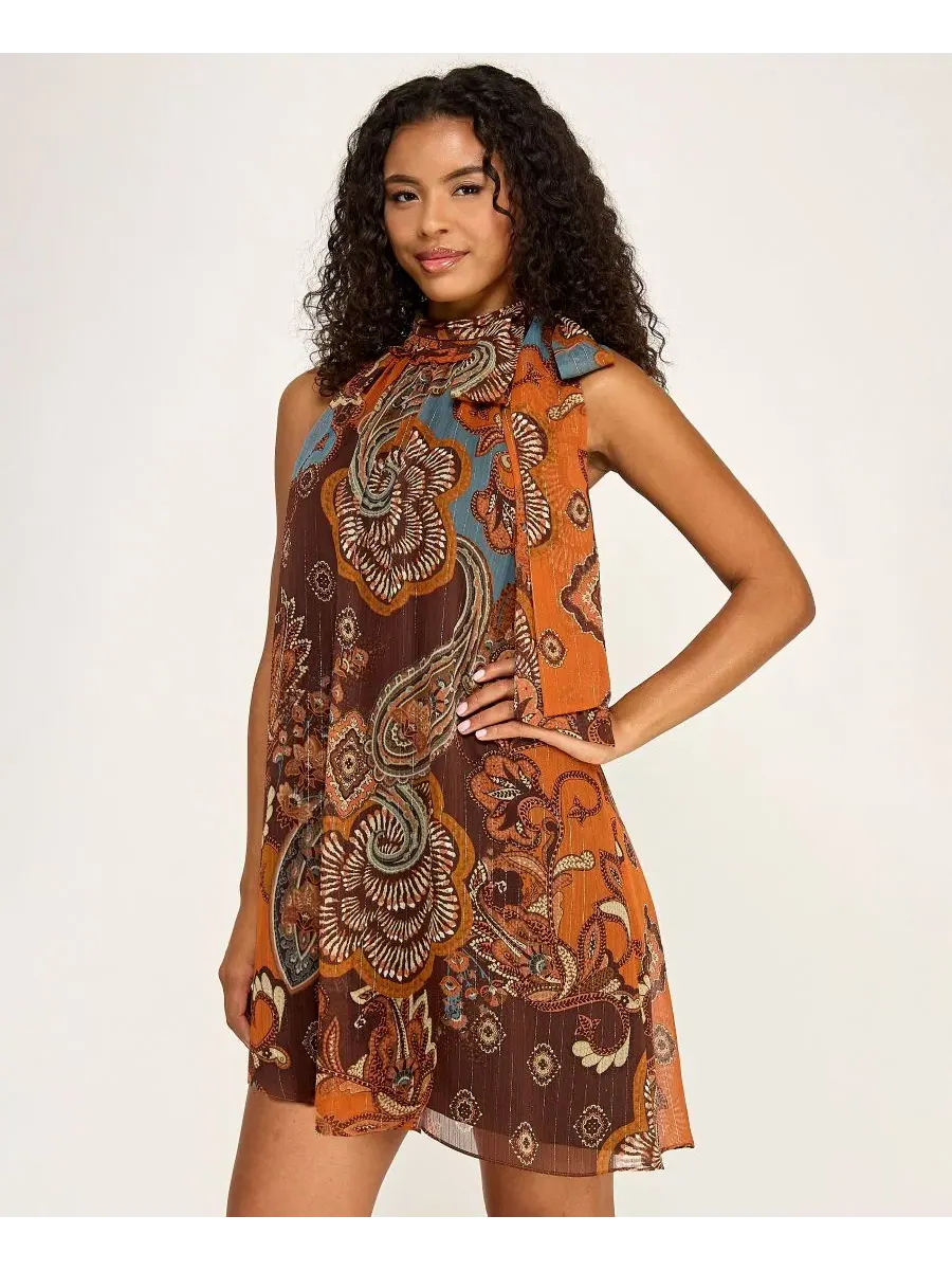 Платье короткое с принтом пейсли, модель Mock Neck Paisley Print Short Dress SENI & CADE — изображение 3 из 6, мульти