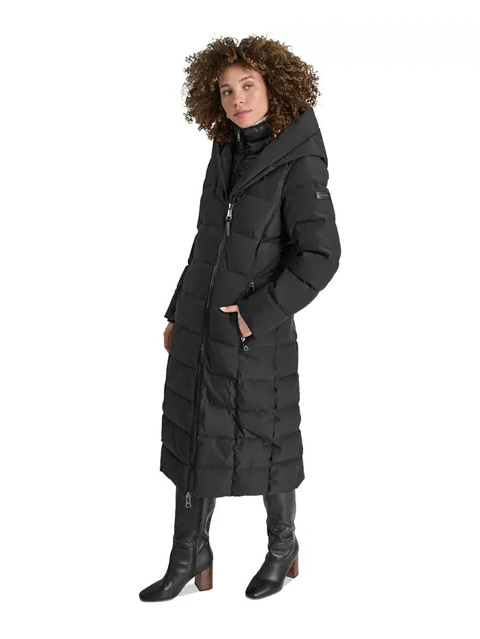Женское стеганое пальто с капюшоном и воротником-шалью Dkny — изображение 3 из 7, черный