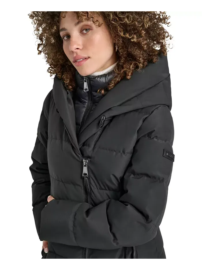 Женское стеганое пальто с капюшоном и воротником-шалью Dkny — изображение 4 из 7, черный