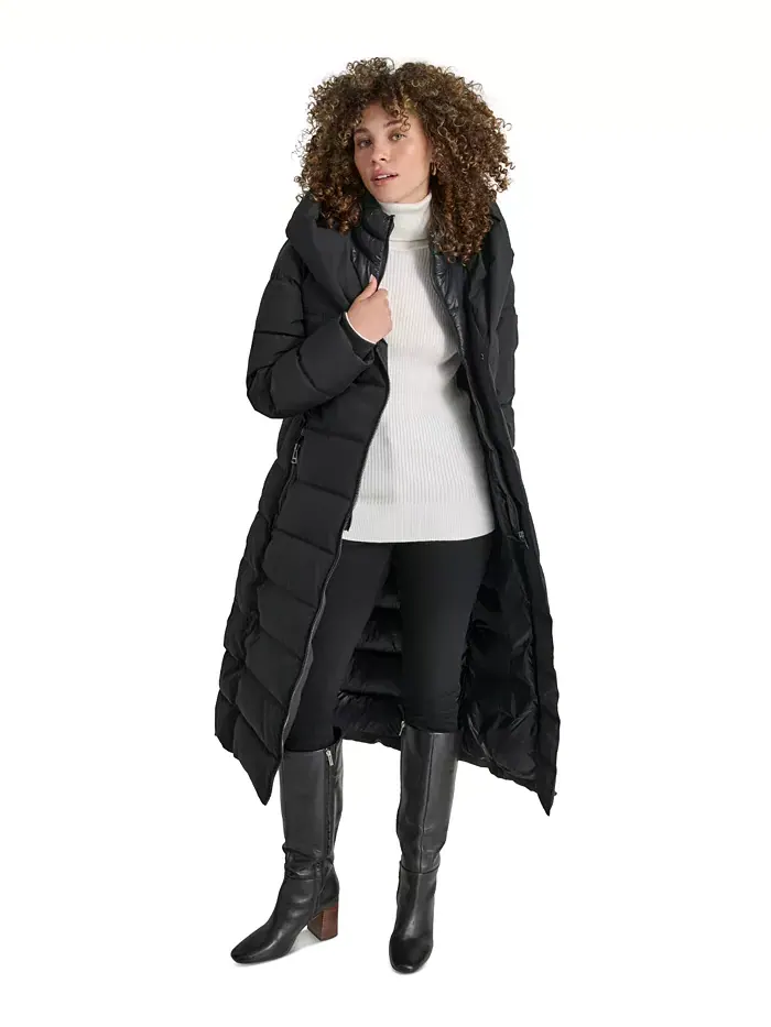 Женское стеганое пальто с капюшоном и воротником-шалью Dkny — изображение 6 из 7, черный