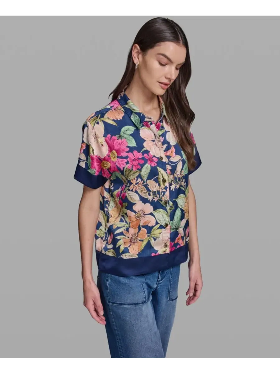 Рубашка с коротким рукавом и принтом, модель Camp Shirt KARL LAGERFELD PARIS — изображение 3 из 6, светлый мульти