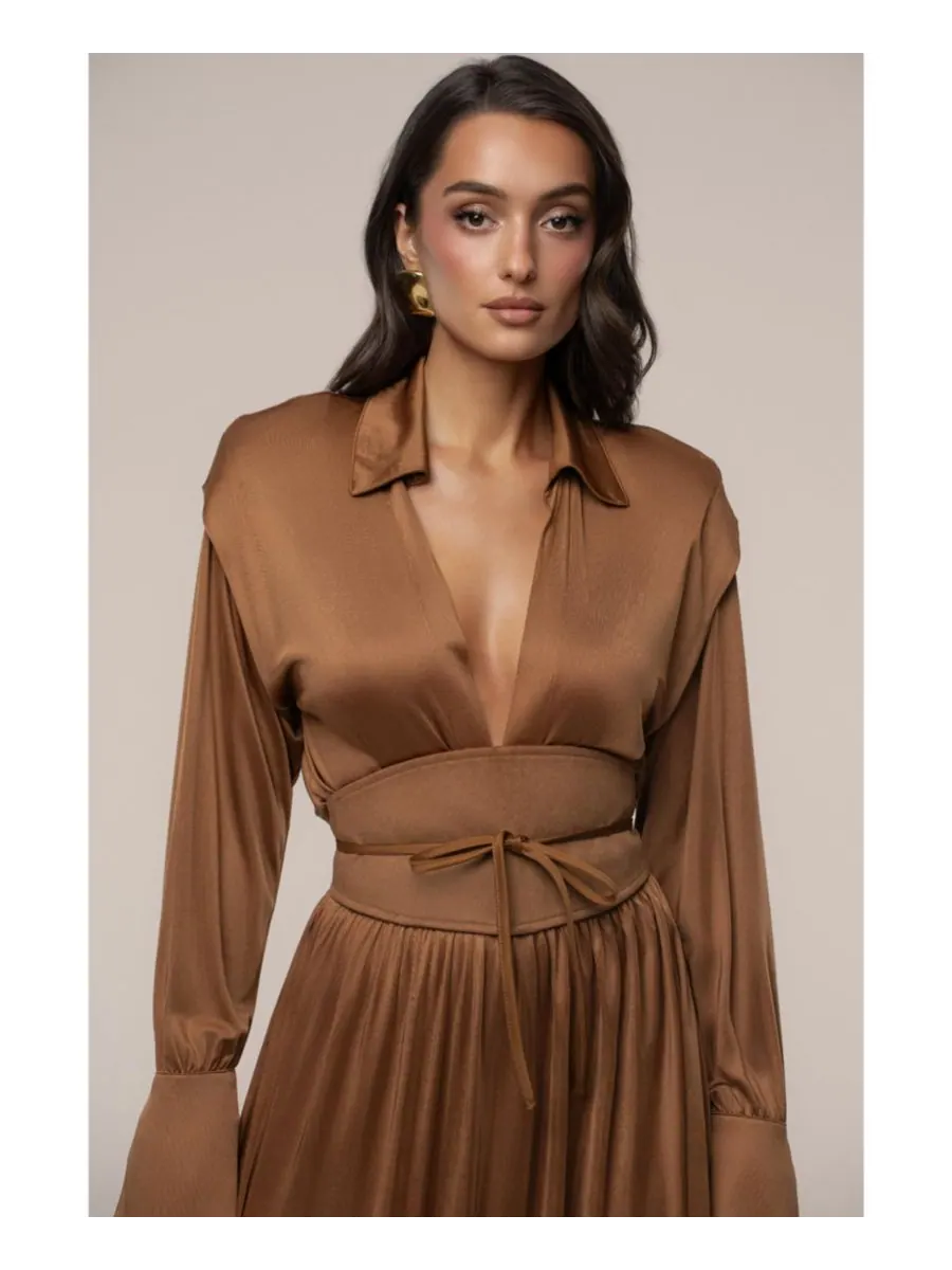 Женское длинное платье с высоким воротником JLUXLABEL — изображение 4 из 6, бежевый