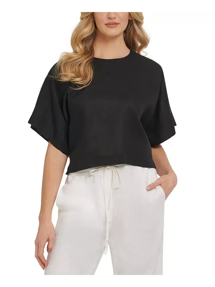 Льняная блуза с рукавом реглан и коротким рукавом DKNY