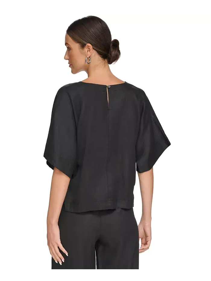 Льняная блуза с рукавом реглан и коротким рукавом DKNY — изображение 3 из 8, черный