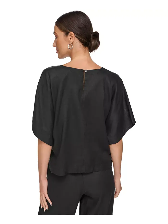 Льняная блуза с рукавом реглан и коротким рукавом DKNY — изображение 4 из 8, черный