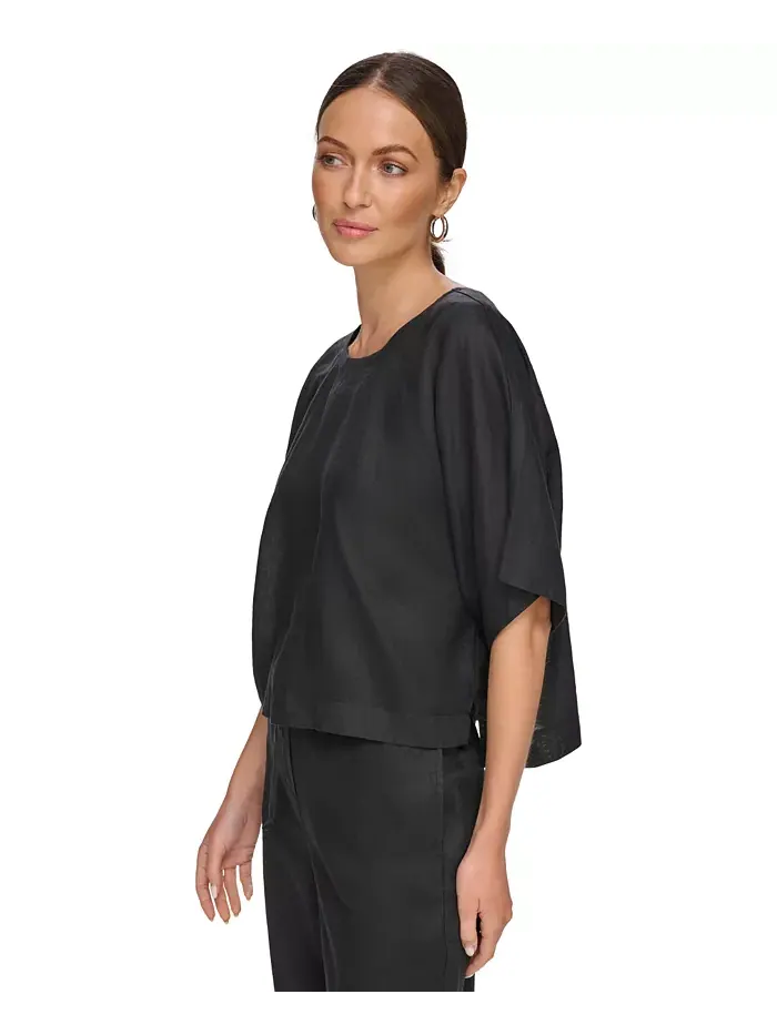 Льняная блуза с рукавом реглан и коротким рукавом DKNY — изображение 5 из 8, черный