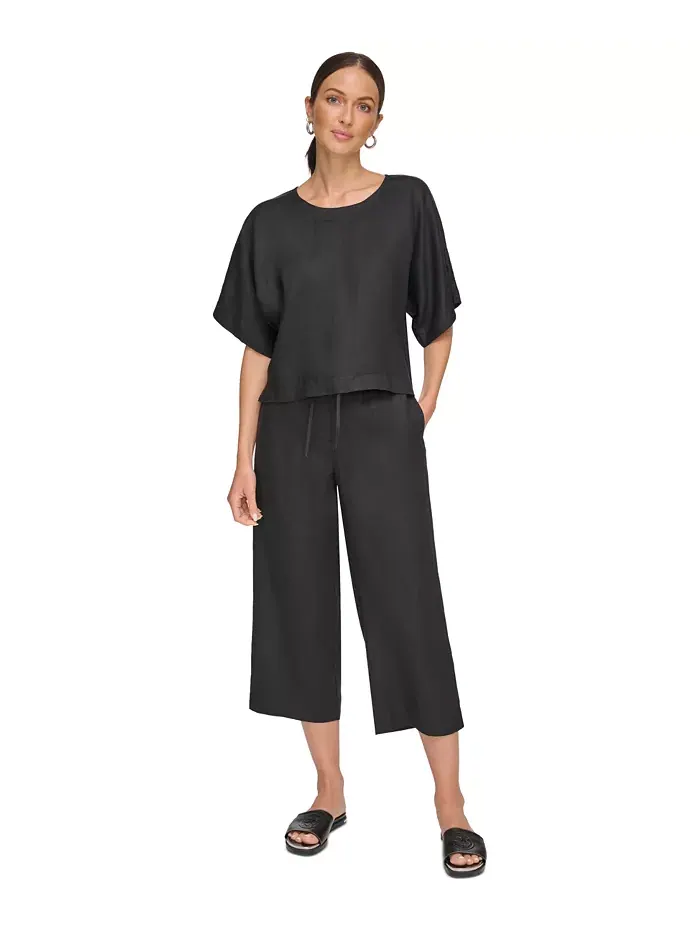 Льняная блуза с рукавом реглан и коротким рукавом DKNY — изображение 6 из 8, черный