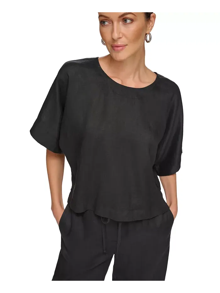 Льняная блуза с рукавом реглан и коротким рукавом DKNY — изображение 7 из 8, черный