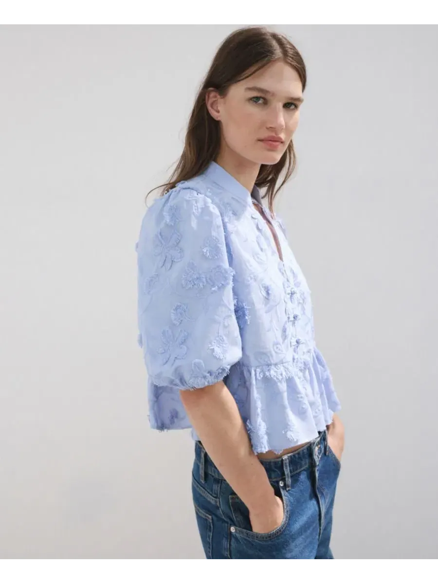 Блуза с вышивкой, с напуском, модель Embroidered Puff-Sleeve Blouse MANGO — изображение 5 из 7, синий