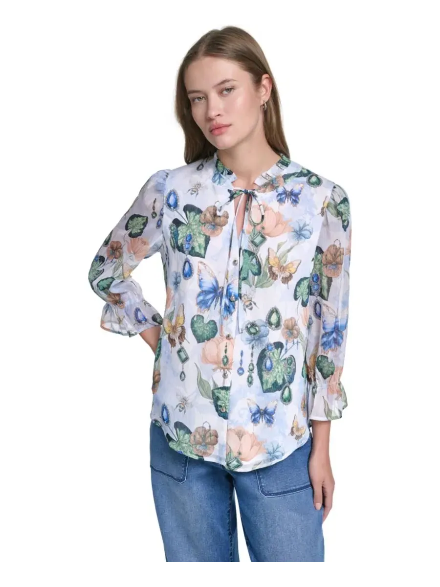 Блуза с воланами и принтом из шифона, модель Ruffle Collar Printed Chiffon Button-Up KARL LAGERFELD — изображение 1 из 7