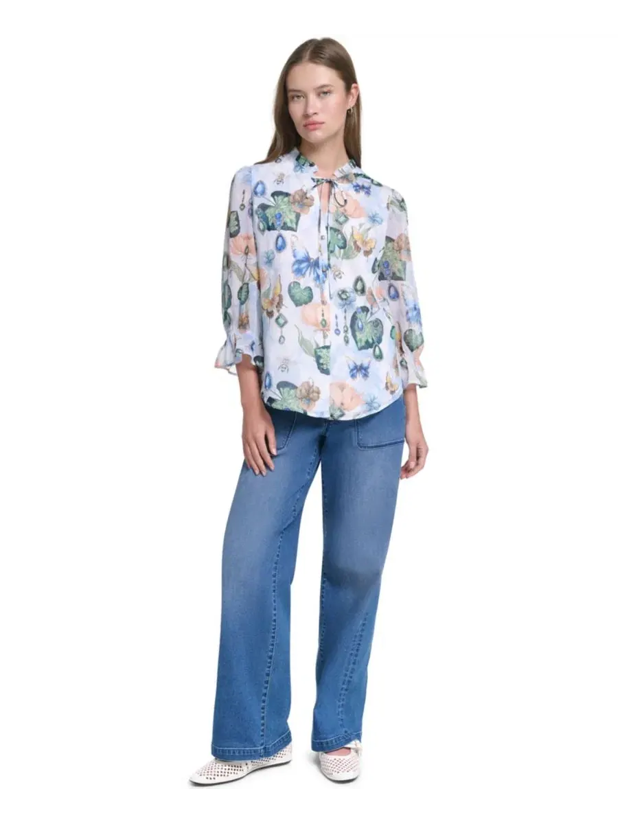 Блуза с воланами и принтом из шифона, модель Ruffle Collar Printed Chiffon Button-Up KARL LAGERFELD — изображение 2 из 7