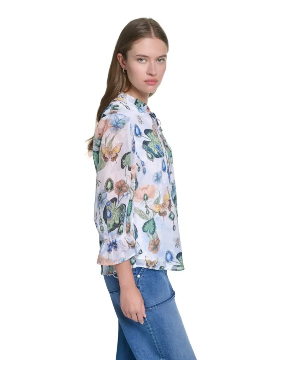 Блуза с воланами и принтом из шифона, модель Ruffle Collar Printed Chiffon Button-Up KARL LAGERFELD — изображение 3 из 7
