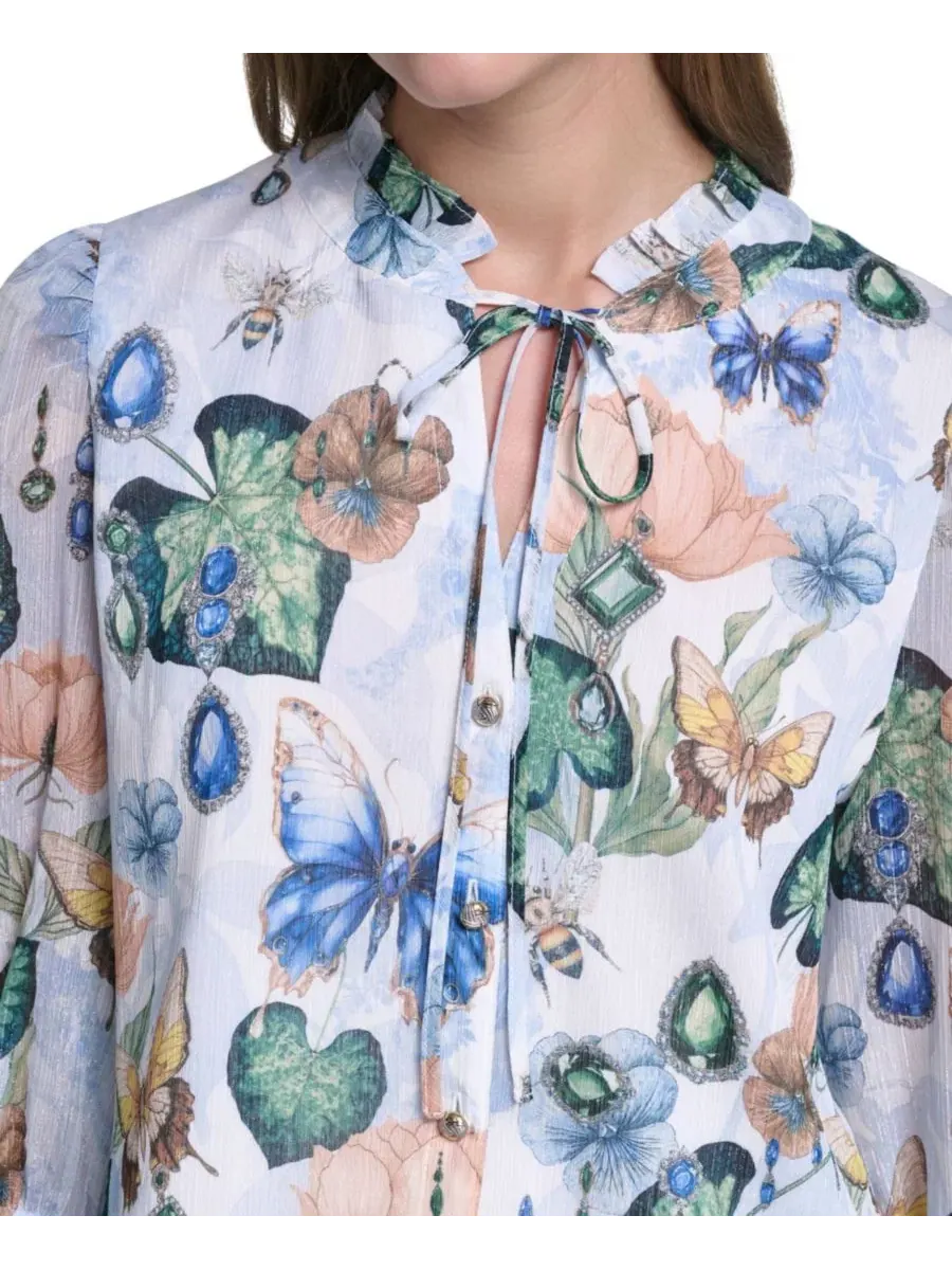 Блуза с воланами и принтом из шифона, модель Ruffle Collar Printed Chiffon Button-Up KARL LAGERFELD — изображение 4 из 7