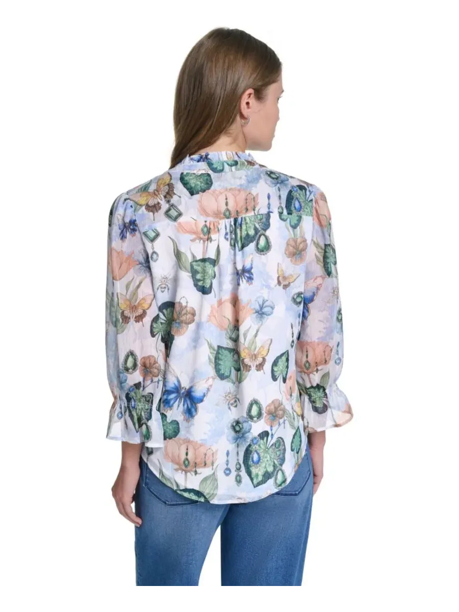 Блуза с воланами и принтом из шифона, модель Ruffle Collar Printed Chiffon Button-Up KARL LAGERFELD — изображение 5 из 7