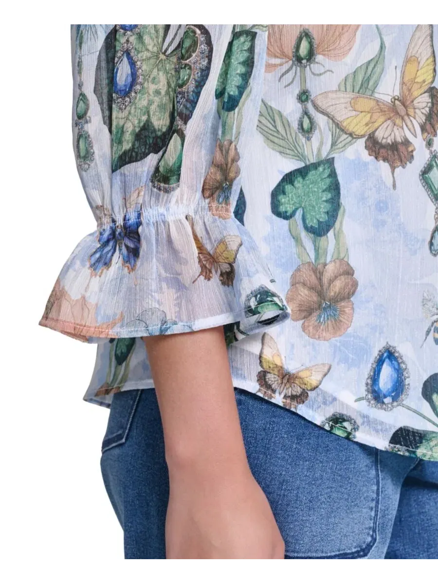 Блуза с воланами и принтом из шифона, модель Ruffle Collar Printed Chiffon Button-Up KARL LAGERFELD — изображение 7 из 7