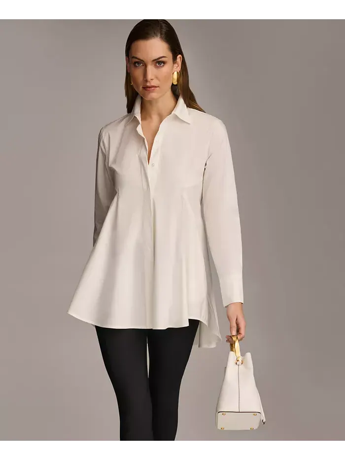 Женская туника А-силуэта из поплина на пуговицах Donna Karan New York — изображение 2 из 5, бежевый