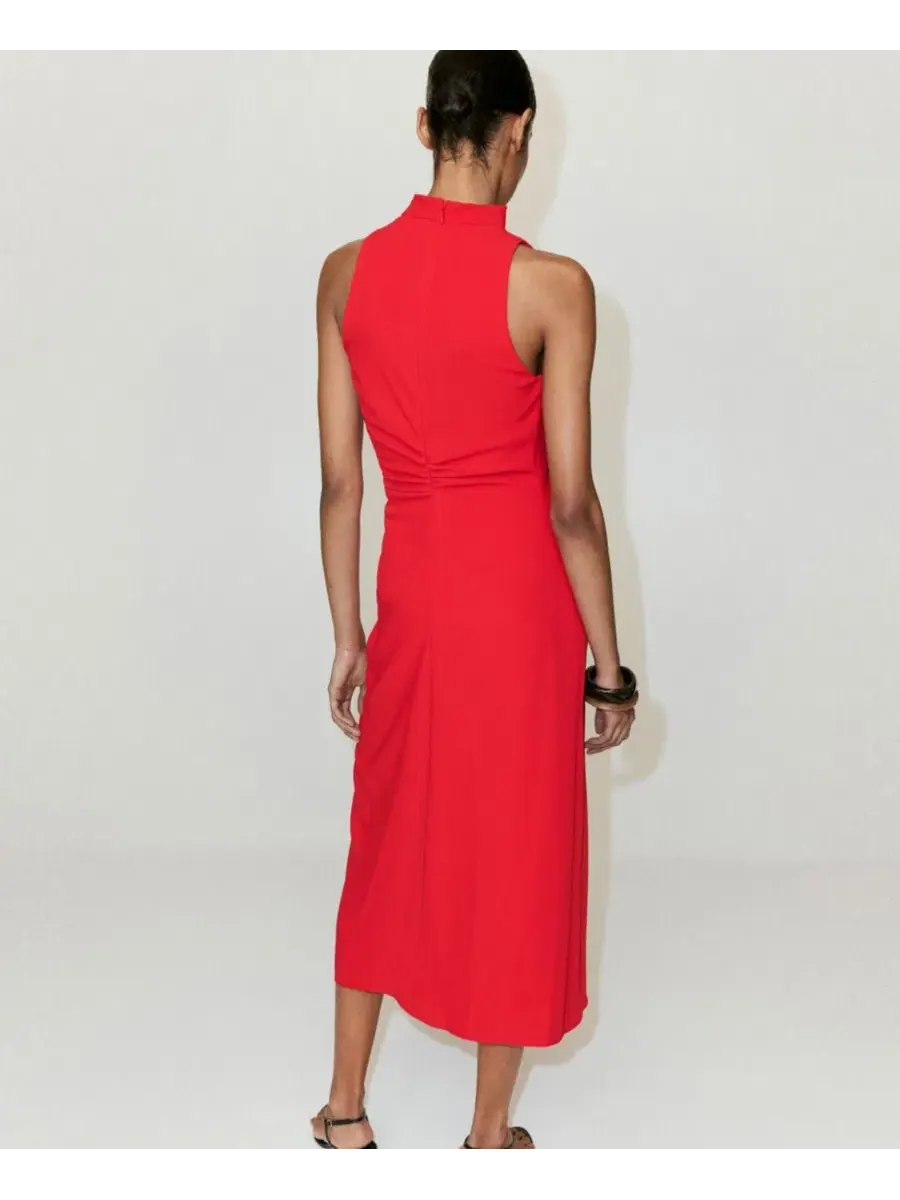 Платье с драпированным вырезом, модель Draped Neckline Ruched Dress MANGO — изображение 3 из 6, красный