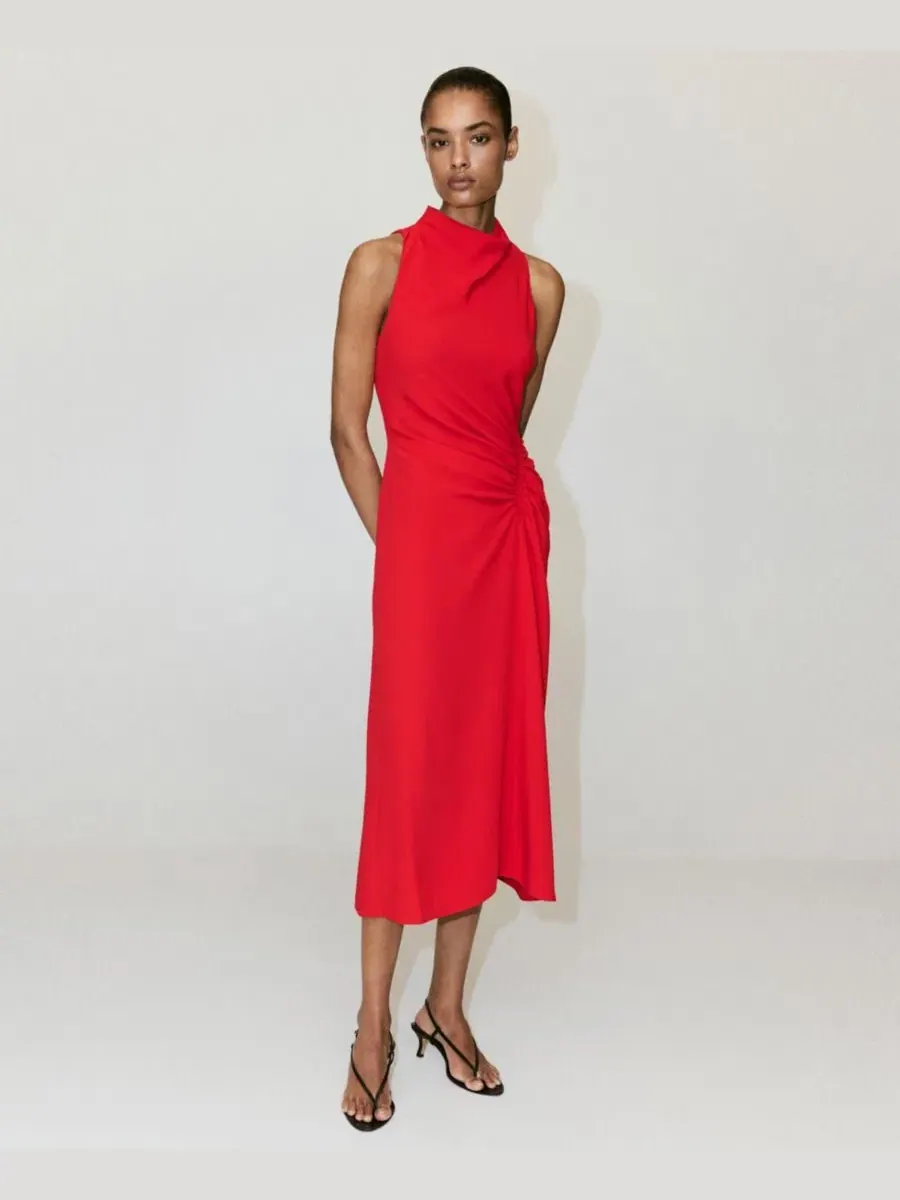 Платье с драпированным вырезом, модель Draped Neckline Ruched Dress MANGO — изображение 6 из 6, красный