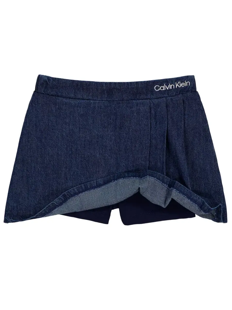 Комплект из топа с длинным рукавом и джинсовой юбки-шорт Calvin Klein — изображение 7 из 10, розовый/синий