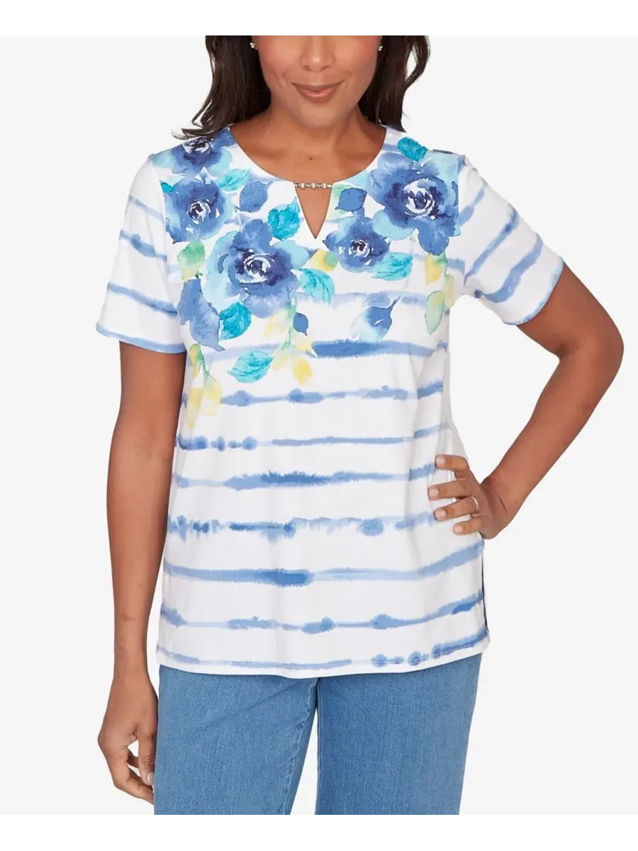 Блузка с принтом, модель Petite Striped Floral Split Neck Top Alfred Dunner