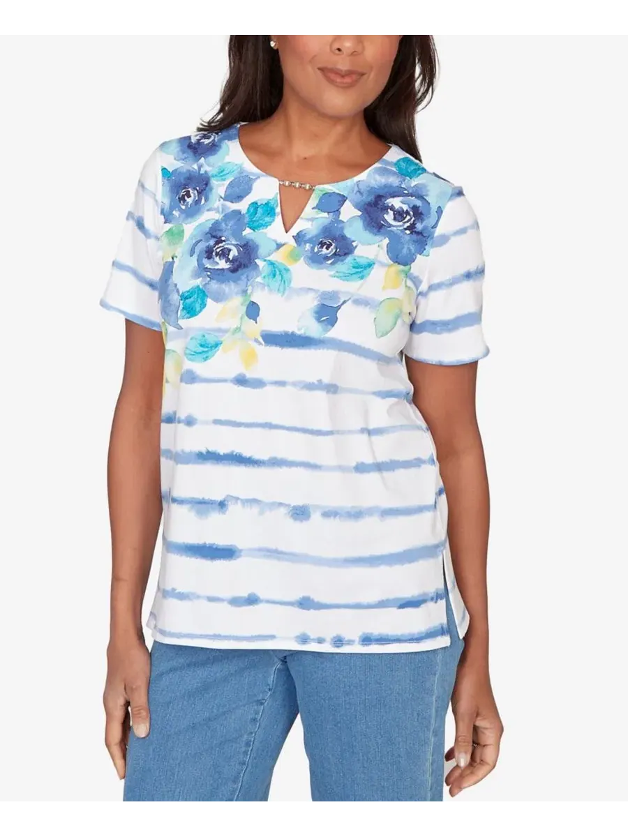 Блузка с принтом, модель Petite Striped Floral Split Neck Top Alfred Dunner — изображение 2 из 5, синий