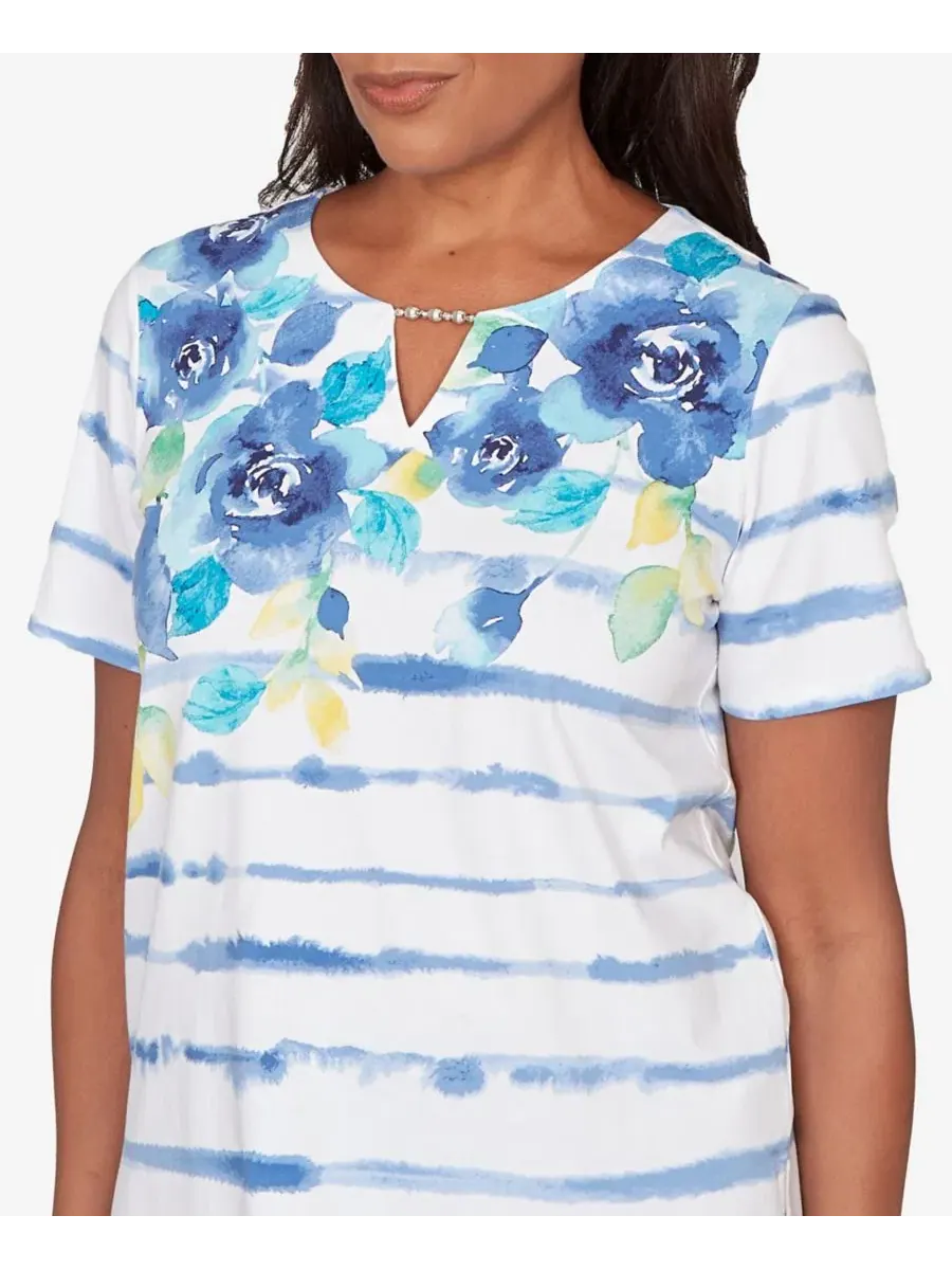 Блузка с принтом, модель Petite Striped Floral Split Neck Top Alfred Dunner — изображение 4 из 5, синий