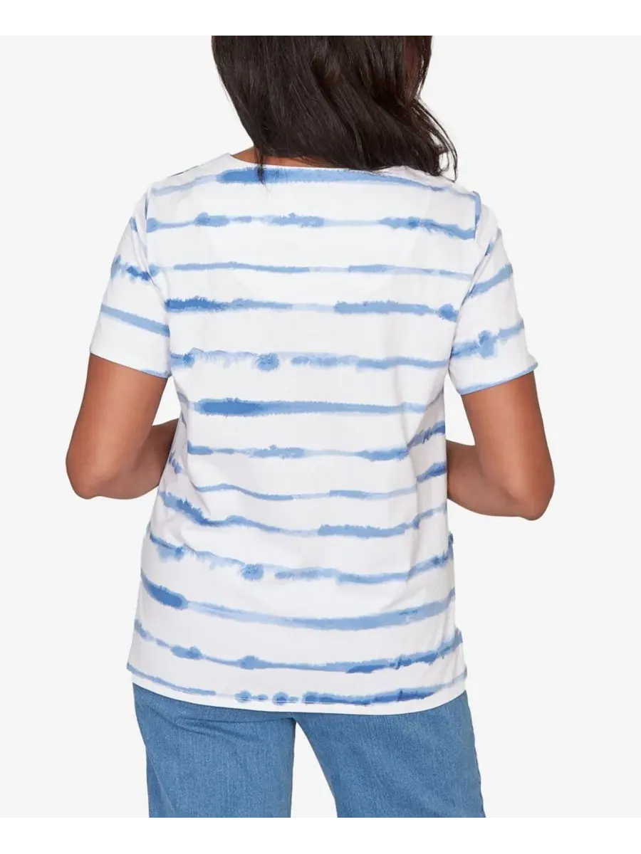 Блузка с принтом, модель Petite Striped Floral Split Neck Top Alfred Dunner — изображение 5 из 5, синий