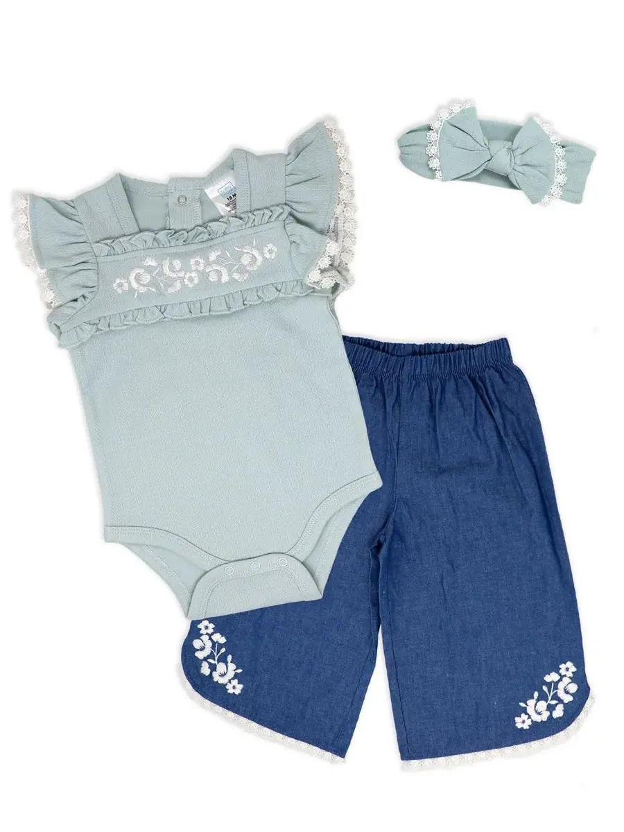 Комплект из боди с коротким рукавом, джинсовых штанов и повязки на голову Baby Mode — синий