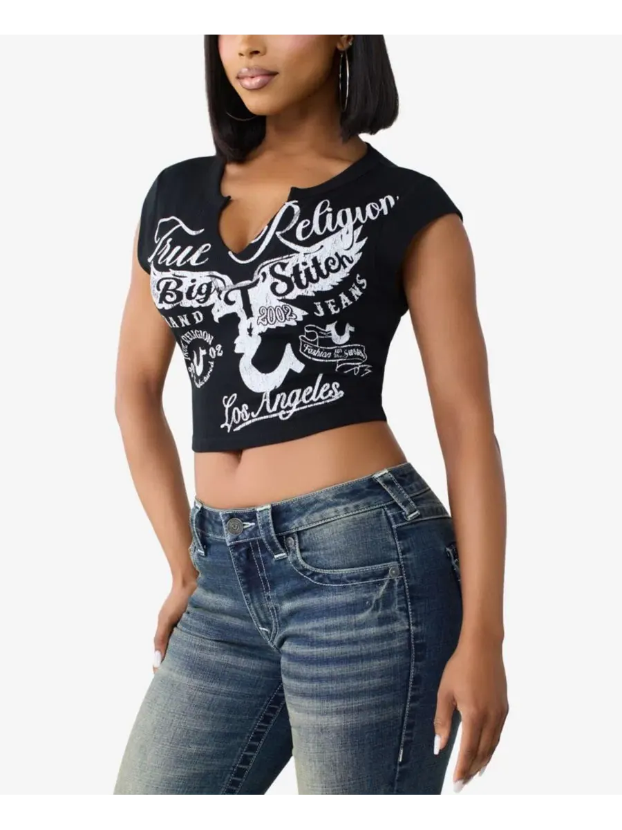 Укороченная футболка с вырезом и ребристой текстурой True Religion — изображение 2 из 3, черный