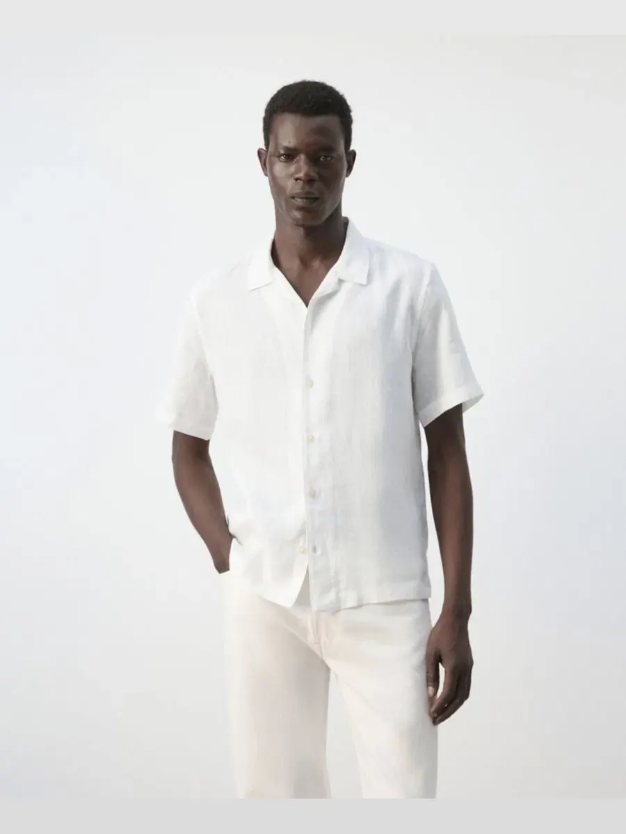 Рубашка с коротким рукавом и воротником-стойкой, модель Regular-Fit Linen Shirt MANGO