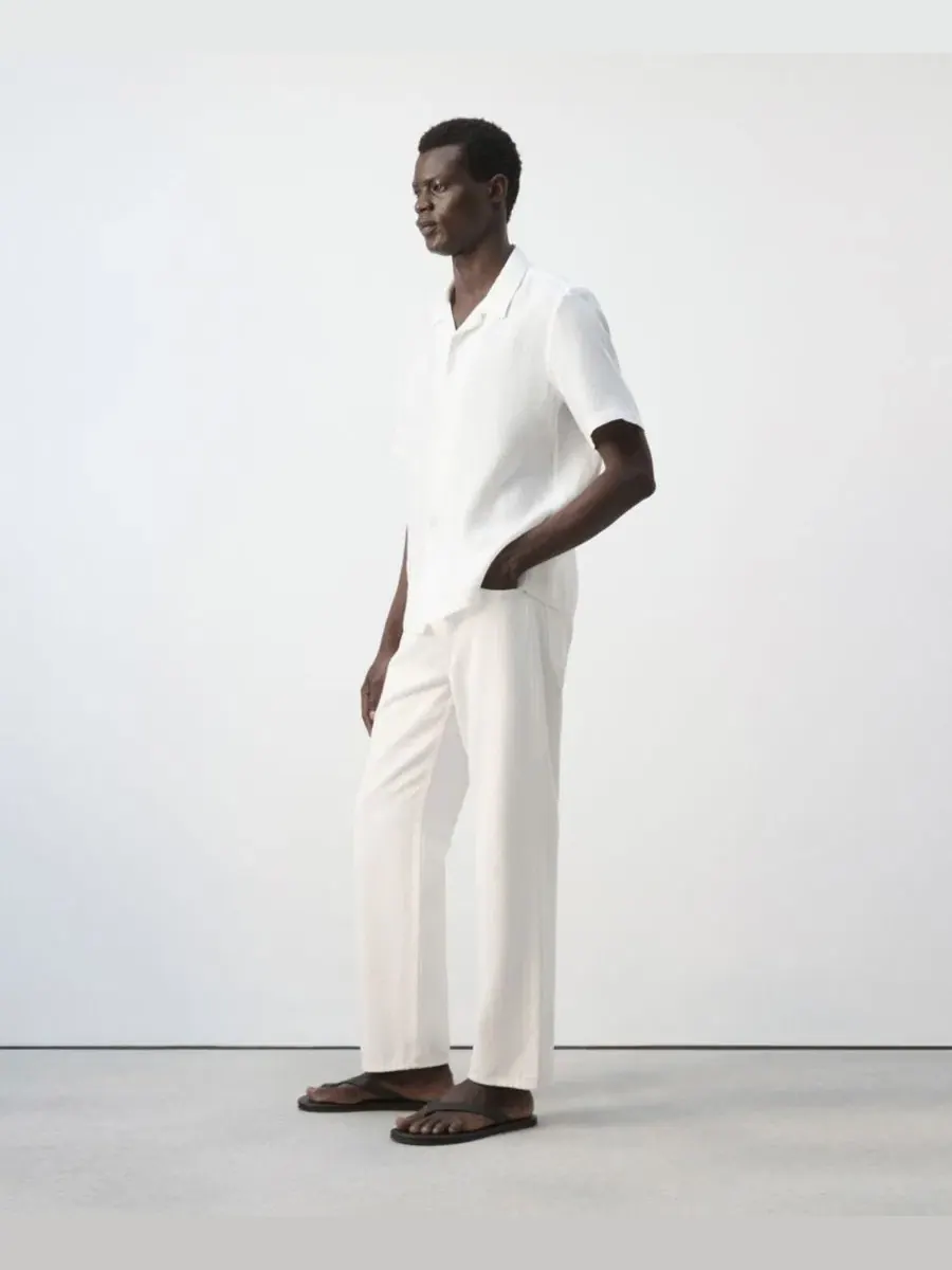 Рубашка с коротким рукавом и воротником-стойкой, модель Regular-Fit Linen Shirt MANGO — изображение 4 из 7, белый