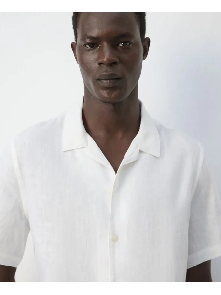 Рубашка с коротким рукавом и воротником-стойкой, модель Regular-Fit Linen Shirt MANGO — изображение 5 из 7, белый