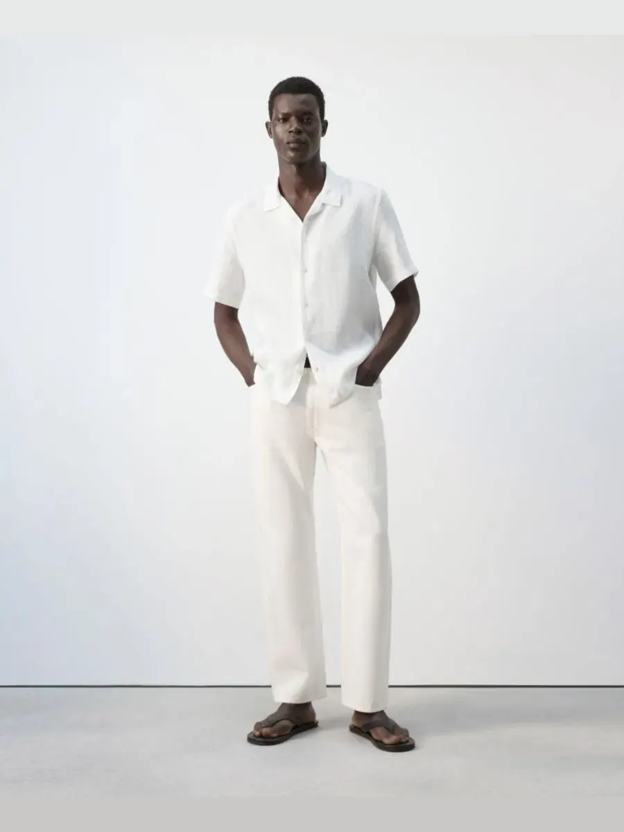 Рубашка с коротким рукавом и воротником-стойкой, модель Regular-Fit Linen Shirt MANGO — изображение 7 из 7, белый